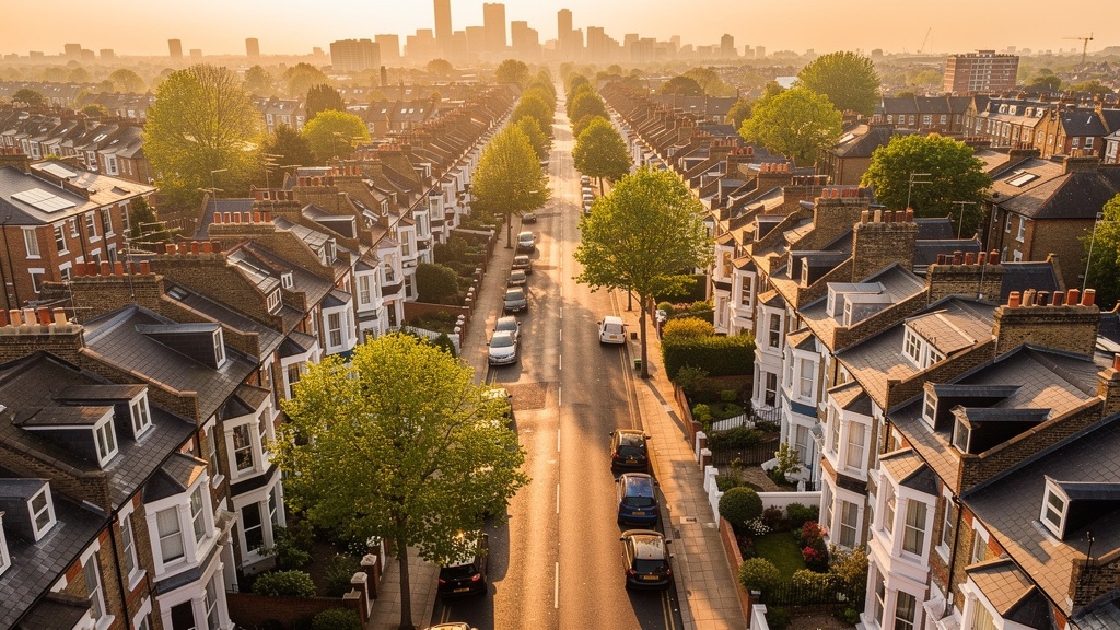 Aerial drone view of Acton West London residential streets showing Victorian and Edwardian properties