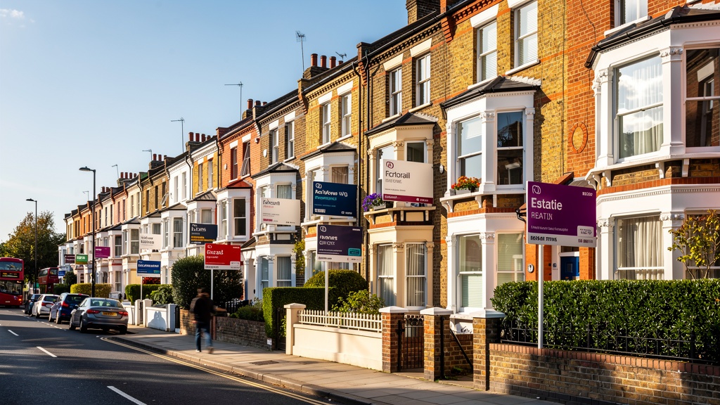 Acton West London high street with Victorian residential properties and estate agent boards
