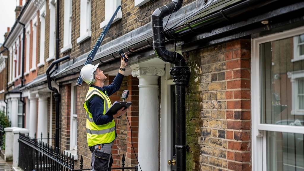Surveyor checking gutters and drainage on a Victorian London terrace during external building inspection
