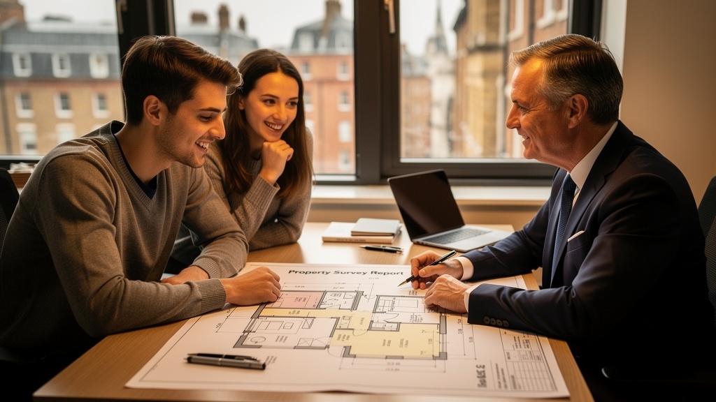 First-time homebuyer couple reviewing a property survey report with a surveyor
