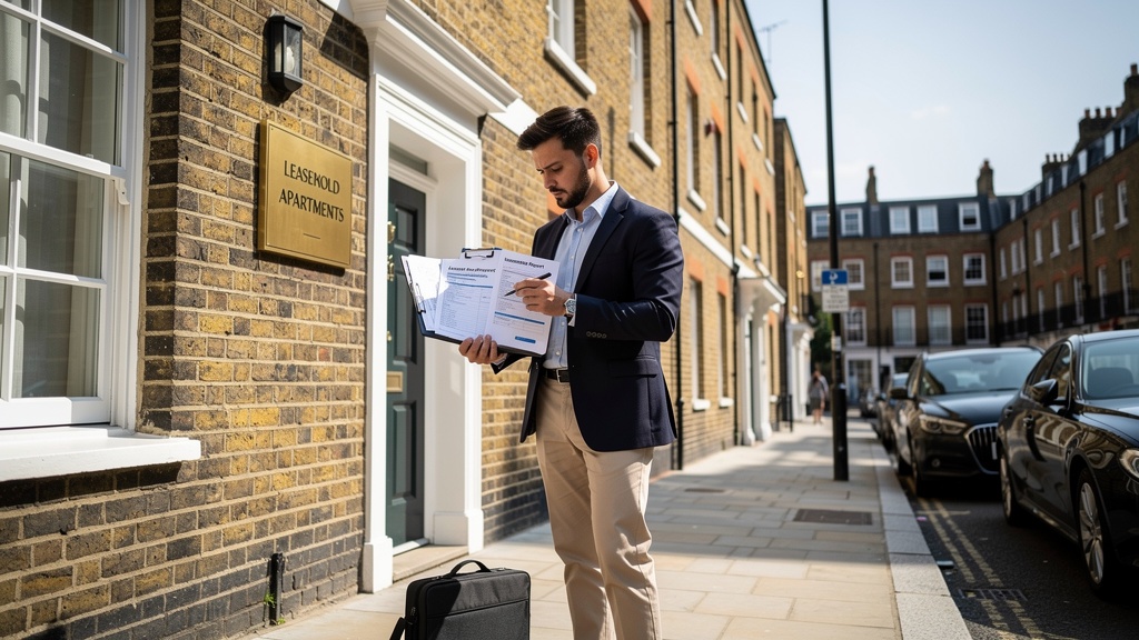 Surveyor reviewing leasehold documents outside a London apartment building