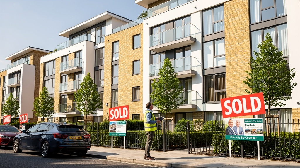 Modern new build flat development in West London with surveyor conducting inspection
