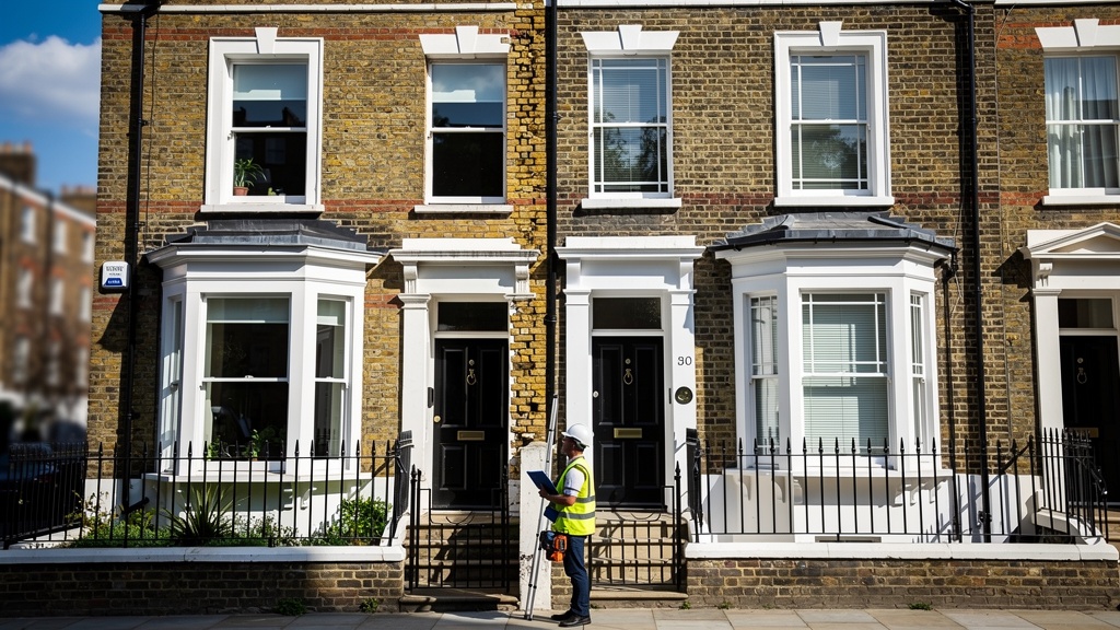 Victorian London terraced houses sharing a party wall with surveyor examining brickwork