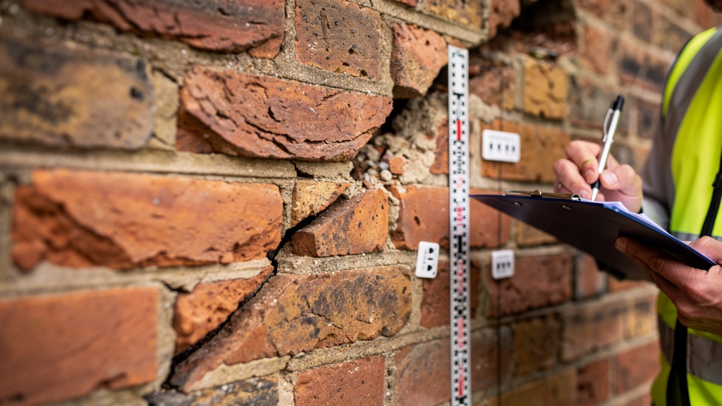 Close-up structural cracks in Victorian brick wall London property assessed by surveyor