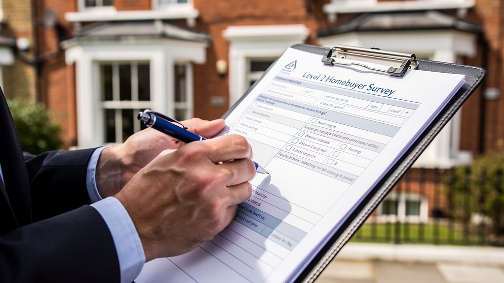 Surveyor writing a Level 2 homebuyer report clipboard Victorian London property background