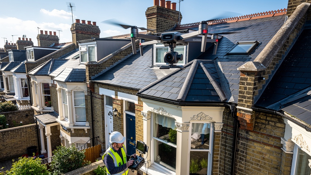 Property surveyor using drone to inspect new build development in West London