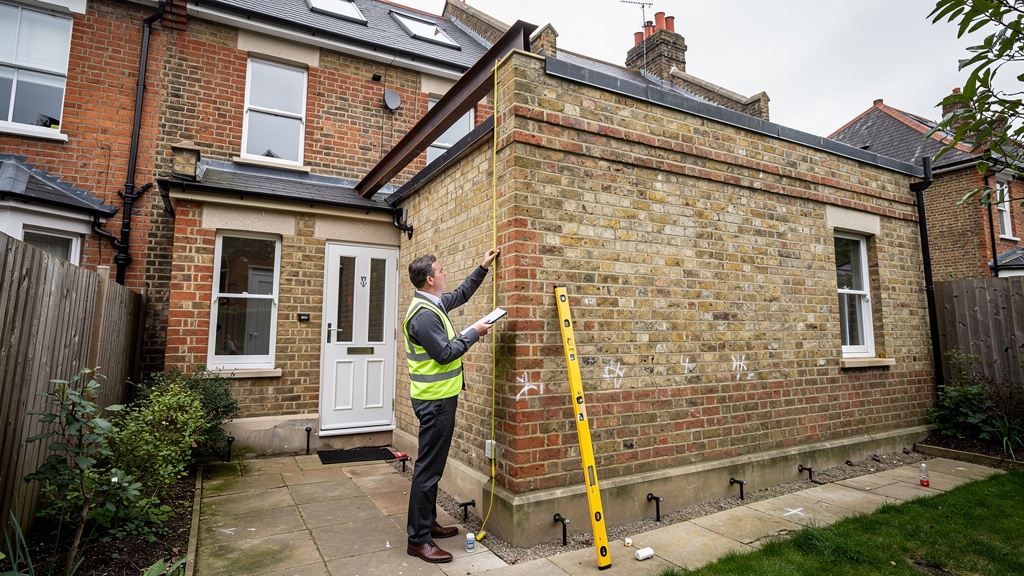 Party wall surveyor inspecting shared boundary wall in London for extension project